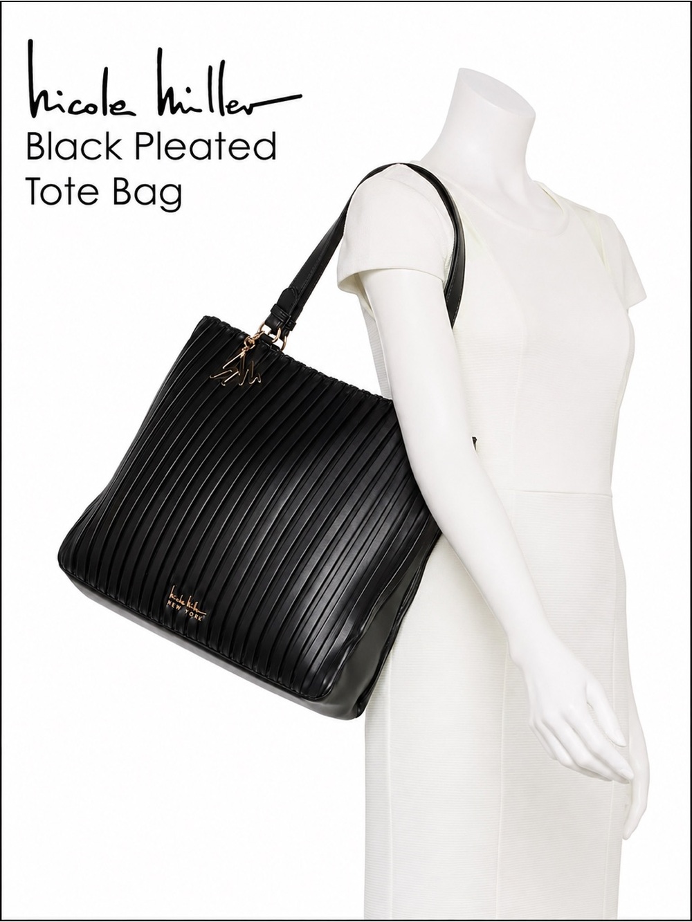 Nicole Miller Black Pleated Elegant Tote NEW